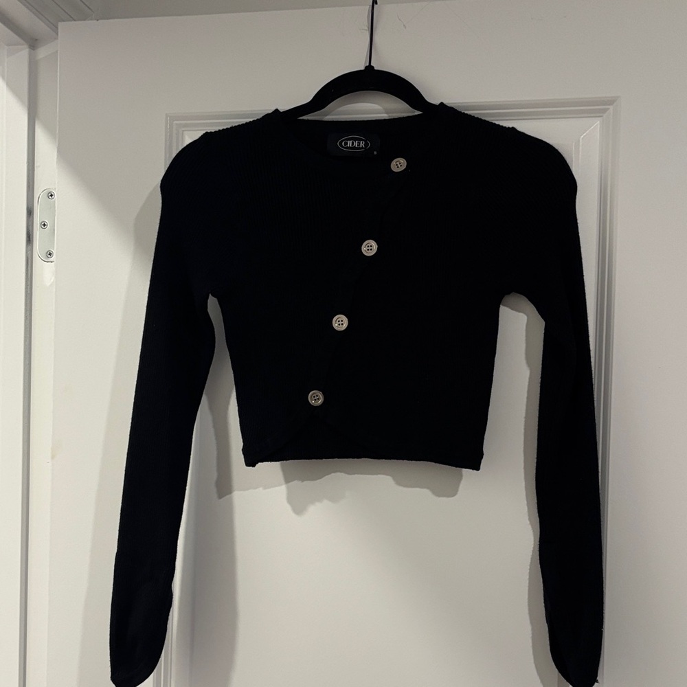 Cider Black Cropped Cardigan with Button Accents
